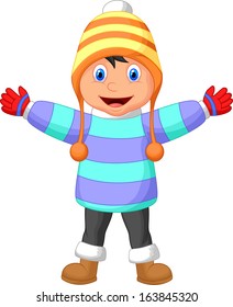 Cartoon illustration of a boy in Winter clothes waving