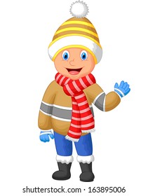 Cartoon illustration of a boy in Winter clothes waving