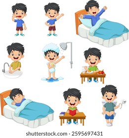Cartoon illustration of a boy's daily routine