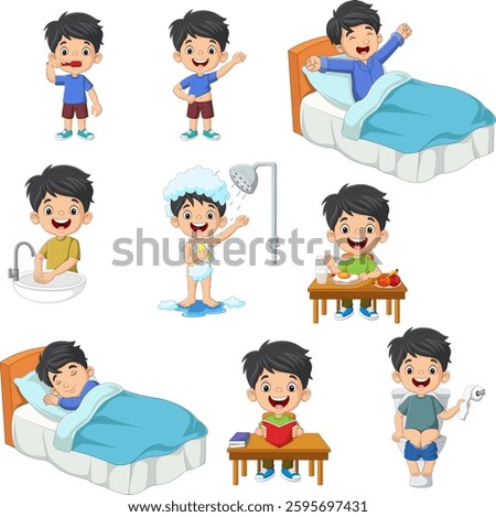 Cartoon illustration of a boy's daily routine