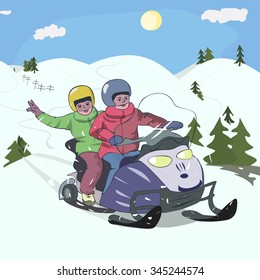 cartoon illustration of boys driving snowmobile at low mountains landscape