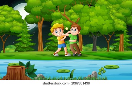 Cartoon illustration boys fighting on the riverside
