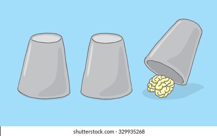 Cartoon illustration of brain hiding under cups game