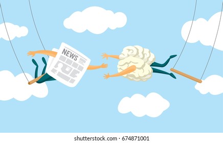 Cartoon illustration of brain and newspaper swinging on flying trapeze