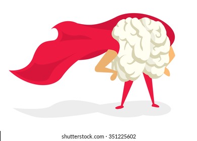 Cartoon illustration of brain super hero with cape