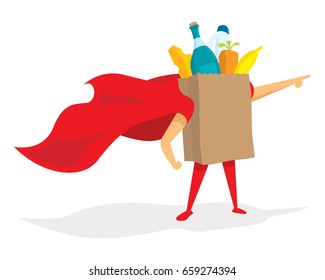 Cartoon illustration of brave super hero groceries bag saving the day