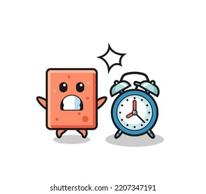 Cartoon Illustration of brick is surprised with a giant alarm clock , cute design