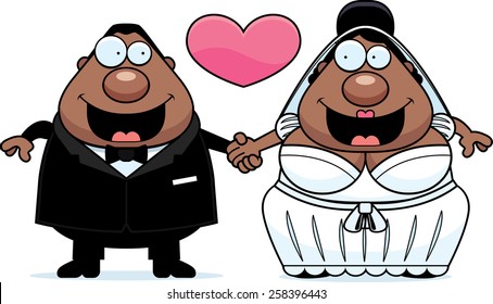 A cartoon illustration of a bride and groom holding hands and in love.