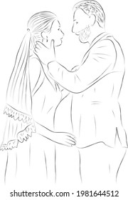 A cartoon illustration of a bride and groom standing together and hugging