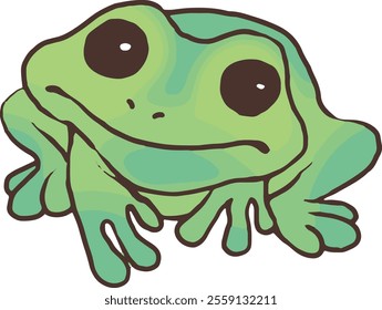 Cartoon illustration of a bright green frog sitting calmly, with large round eyes and a friendly expression