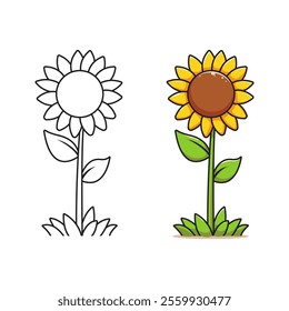 Cartoon Illustration of a Bright Yellow Sunflower with Green Leaves on a Stem