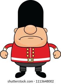 Cartoon illustration of a British guard with a grumpy expression. 