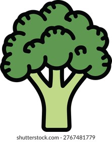 A cartoon illustration of broccoli, featuring a vibrant green floret head and a light green stalk, outlined in black for a playful, graphic style.