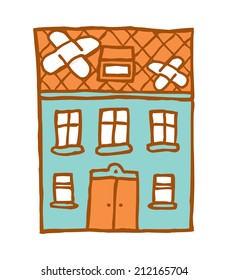 Cartoon illustration of a broken house with patches of adhesive bandage