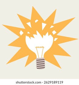 Cartoon illustration of a broken light bulb representing a failed idea or creative block. Frustration, lack of inspiration, innovation burnout or obstacles in thinking process concept