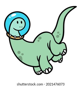 Cartoon illustration of Brontosaurus wearing astronauts helmet and flying on space, best for t-shirt design, sticker, and illustration book of children