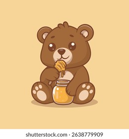 Cartoon illustration of a brown bear character sitting and eating honey from a jar with a honey dipper. The bear has a cheerful expression and large eyes.