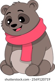 A cartoon illustration of a brown bear with a cheerful expression, sitting while wearing a bright red scarf.