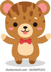 Cartoon illustration of a brown bear with dark brown spots, pink inner ears and cheeks, wearing a red bowtie, with arms outstretched.