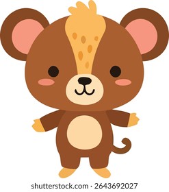 Cartoon illustration of a brown bear standing upright with tan accents on its belly, paws, and head, featuring a small, curly tail.
