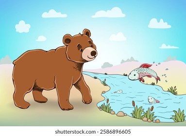 cartoon illustration of a brown bear walking next to a flowing river, filled with lively fish jumping out of the water