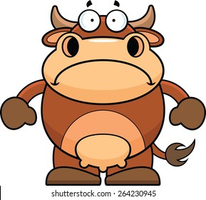 Cartoon illustration of a brown cow with a sad expression.  