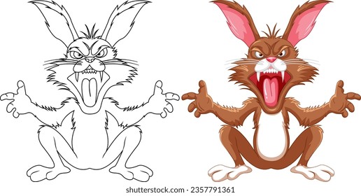 A cartoon illustration of a brown crazy rabbit sitting with sharp teeth, isolated on white