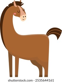 Cartoon illustration of a brown horse standing calmly with closed eyes, a smiling face, and a long, curved neck, conveying a sense of peace and happiness