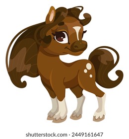 Ilustración de dibujos animados de un pony marrón con marcas blancas, de pie sobre un fondo liso, que representa un lindo personaje animal. Ilustración vectorial