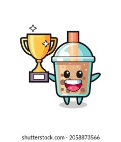 Cartoon Illustration of bubble tea is happy holding up the golden trophy , cute style design for t shirt, sticker, logo element