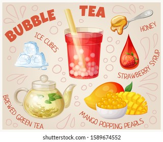 Cartoon illustration with bubble tea ingredients on beige background. Vector icons set of boba tea glass, strawberry syrup drop, spoon of golden honey, melting ice cubes, brewed green tea, mango fruit