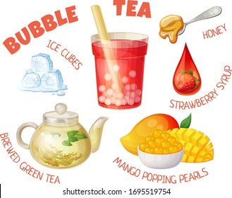 Cartoon illustration with bubble tea ingredients isolated on white background. Vector icons set of boba tea glass, strawberry syrup drop, spoon of golden honey, melting ice cubes, brewed green tea