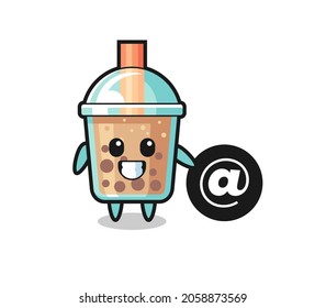 Cartoon Illustration of bubble tea standing beside the At symbol , cute style design for t shirt, sticker, logo element