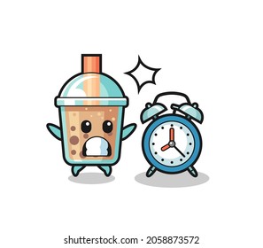 Cartoon Illustration of bubble tea is surprised with a giant alarm clock , cute style design for t shirt, sticker, logo element