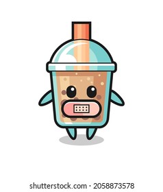 Cartoon Illustration of bubble tea with tape on mouth , cute style design for t shirt, sticker, logo element