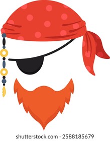 Cartoon illustration of buccaneer accessories including red dotted bandana, black eyepatch, ginger beard and golden earring, isolated on white background