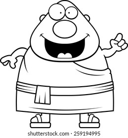 A cartoon illustration of a Buddhist monk with an idea.