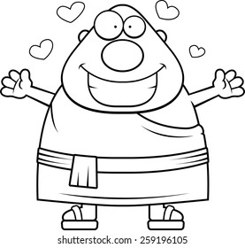 A cartoon illustration of a Buddhist monk ready to give a hug.
