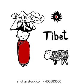 Cartoon illustration with Buddhist Monk and sheep isolated on white background. Symbol of Asian culture in outline style. Monochrome colors. Tibet postcard. Stock vector hand drawn doodle sketch