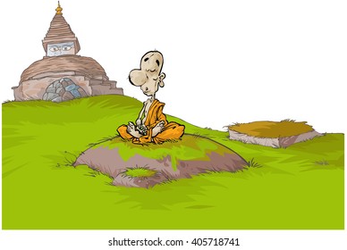 Cartoon illustration of a Buddhist monk with a Stupa in a background. All on separated layers.