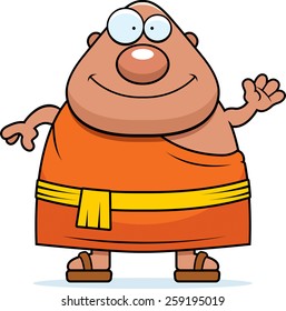 A cartoon illustration of a Buddhist monk waving.