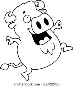 A cartoon illustration of a buffalo jumping and smiling.