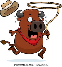 A cartoon illustration of a buffalo running with a lasso.