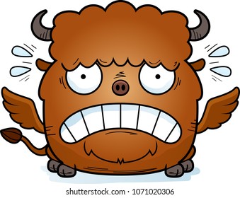 A cartoon illustration of a buffalo with wings looking scared.