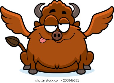 A cartoon illustration of a buffalo with wings looking drunk.