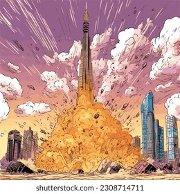 Cartoon illustration of building in Dubai in dubai erupting from the group the dust blowing away a bunch
