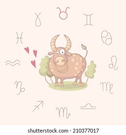 Cartoon illustration of the bull (Taurus). Part of the set with horoscope zodiac signs. EPS 10. No transparency. No gradients.