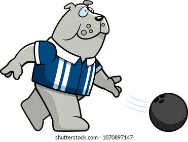 A cartoon illustration of a bulldog bowling a ball.