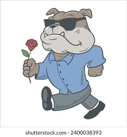 CARTOON ILLUSTRATION OF A BULLDOG HOLDING A ROSE