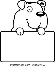 A cartoon illustration of a Bulldog with a sign.